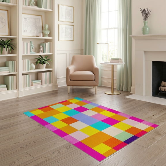 ODIKA Whimsical Checkered Maximalist Grid Funky Retro Plush Hippie for Home Office, Gaming Room, Under Desk, Non-Slip Chair-Friendly