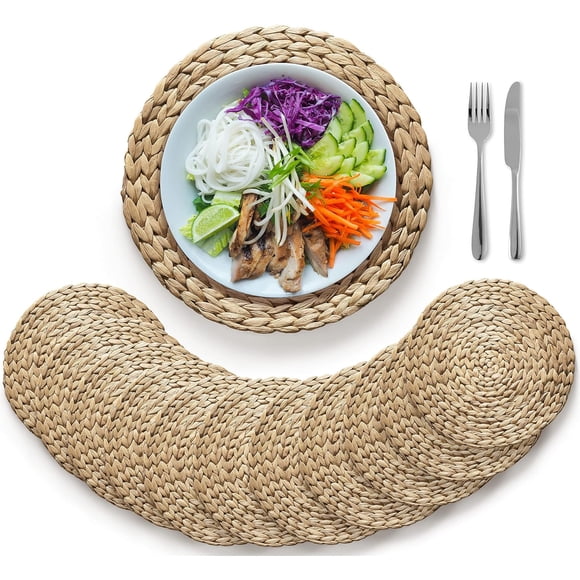 (Sizes:12"-13''-14''-15'') BLUEWEST Woven Placemats (Set of 10), Round Rattan Placemats, Braided Water Hyacinth Wicker Mats, Heat Resistant & Non-Slip for Dinner Plates (15'')