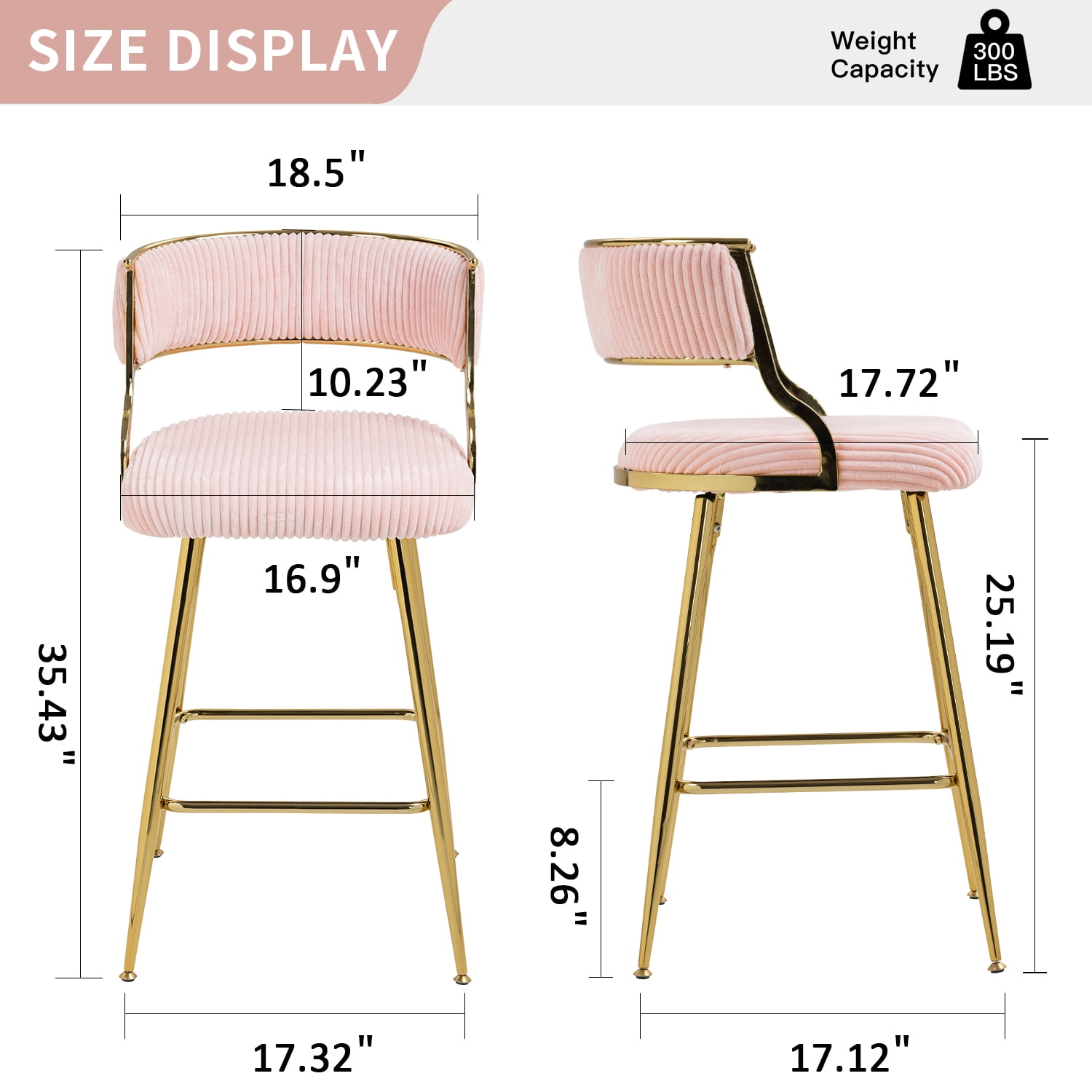 Peispie 25" Counter Height Bar Stools Set of 2, Modern Corduroy Barstools with Low Back and Gold Metal Legs, Padded Kitchen Island Chairs with Footrest for Home Bar, Pink
