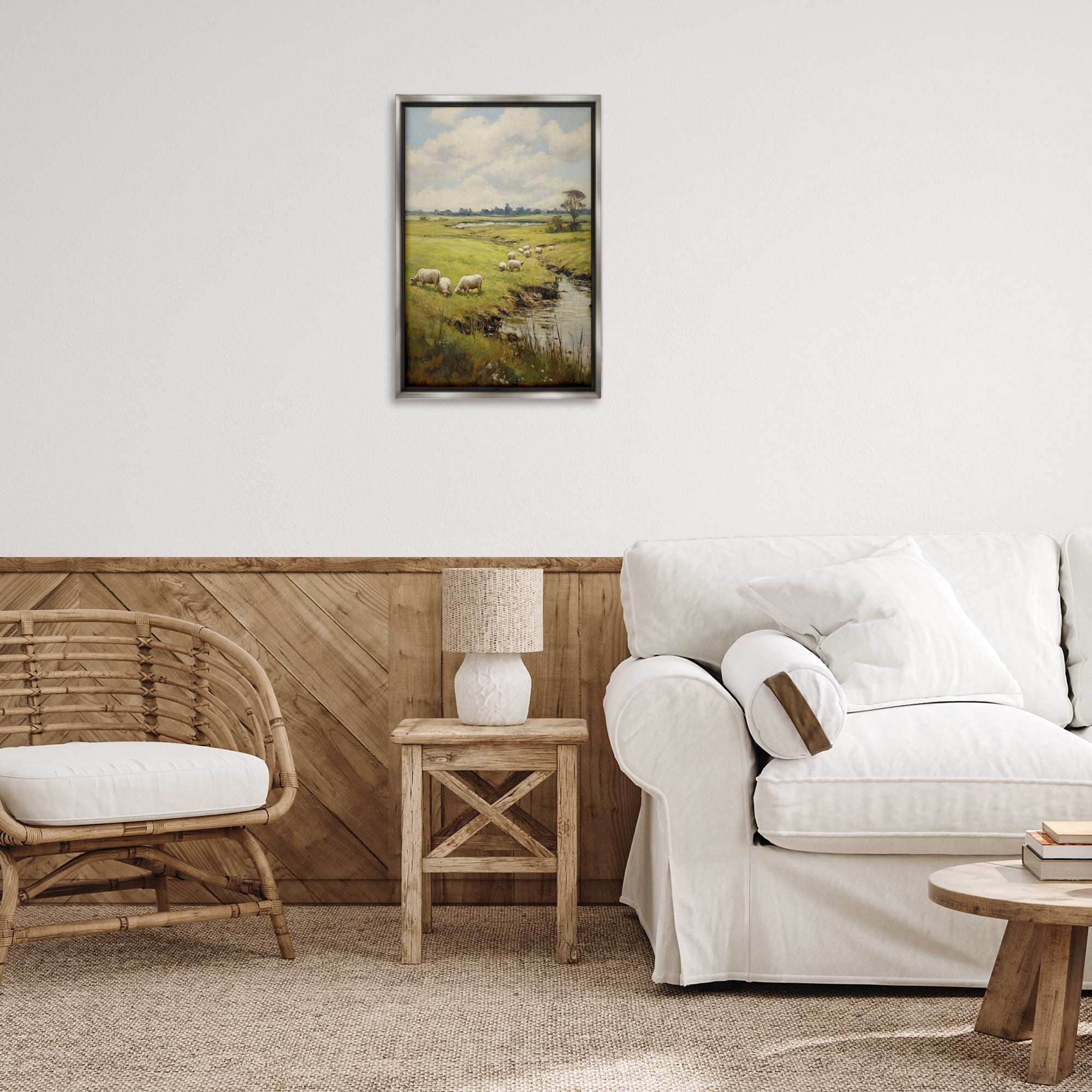 Stupell Industries Grazing Sheep Countryside Landscape Painting Gray Floater Framed Canvas Art Print Wall Art, 17 x 25