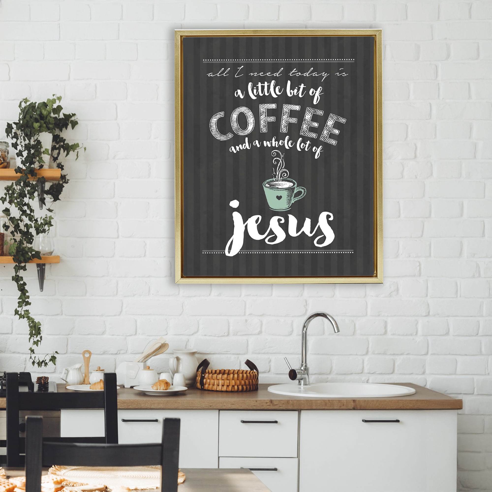 Little Coffee & Whole Lot Of Jesus Gold Framed Floater Canvas Wall Art, design by Lettered and Lined
