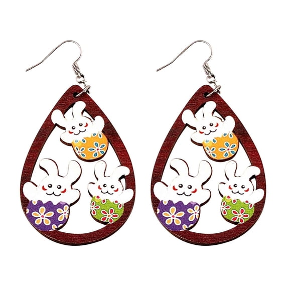 Fiaya Women Easter Water Drops Earrings, Easter Rabbit Earrings, Fashion Personalized Wood Print Earrings, Bunny Easter Drop Earrings for Women (A)