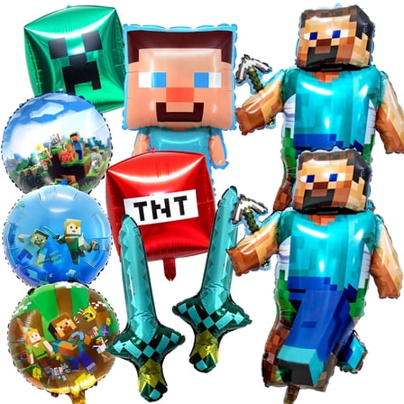 10PCS Mine Pixel Video Game Characters Foil Balloons for Boys Birthday Party Supplies