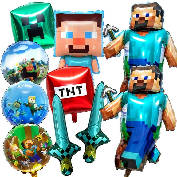 10PCS Mine Pixel Video Game Characters Foil Balloons for Boys Birthday Party Supplies
