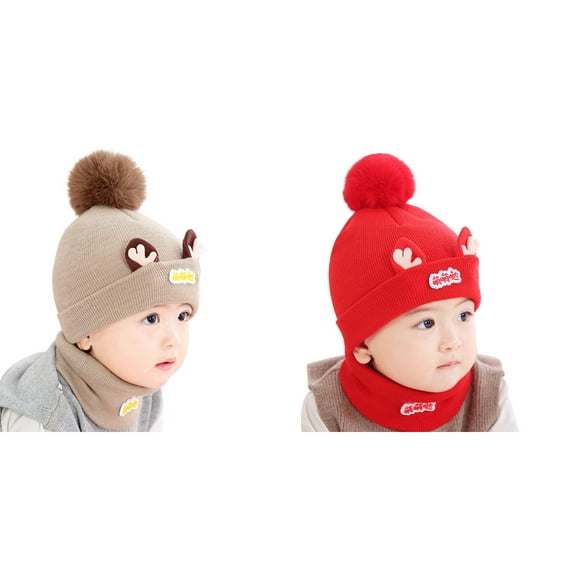 Coerni Baby Kids Boy Girl Pompom Hat Winter Warm Knit Bobble Beaniess Cartoon Cap Scarf Set Baby Hats