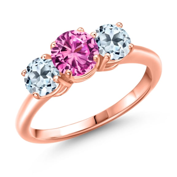 Gem Stone King 18K Rose Gold Plated Silver Pink Created Sapphire and Sky Blue Topaz Engagement Ring for Women | 2.40 Cttw | Round 6MM | Gemstone September Birthstone | Size 7