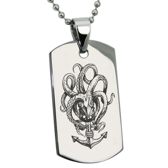 Tioneer Stainless Steel Nautical Octopus Anchor Engraved Dog Tag Pendant Necklace