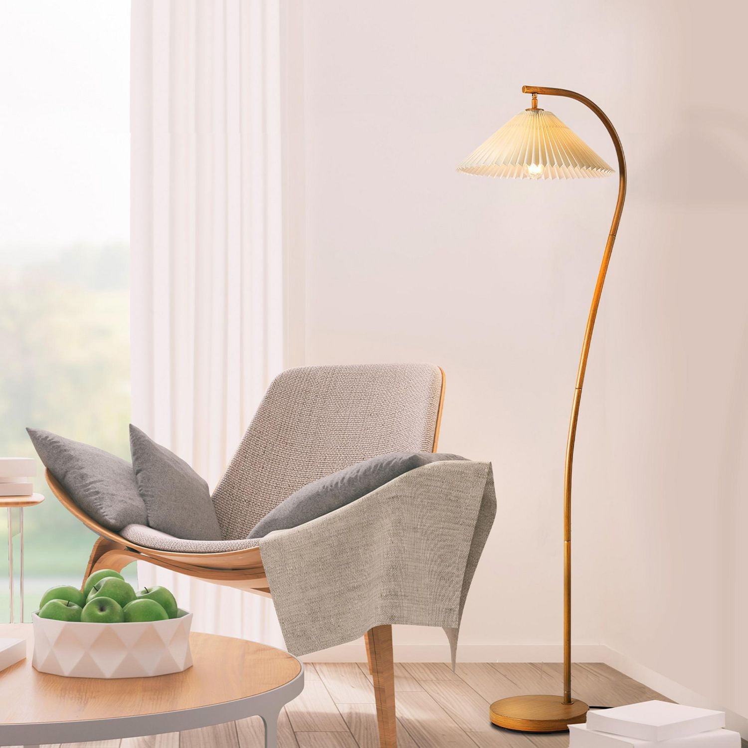 Novogratz x Globe 62" Wood Toned Floor Lamp with White Pleated Fabric Shade
