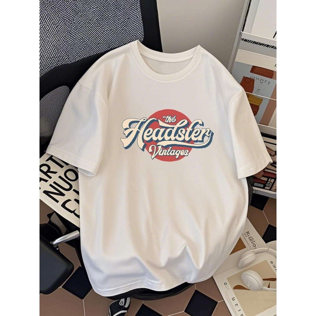 Camiseta gráfica vintage para hombre: 100 % algodón, estilo urbano, de gran tamaño, con estampado retro "The Headster Vintage", 220 g/m², transpirable, informal, de verano, de manga corta, lavable a m