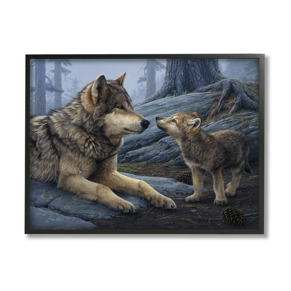 Stupell Industries Wolf & Cub Woodland Forest Animals & Insects Painting Black Framed Art Print Wall Art