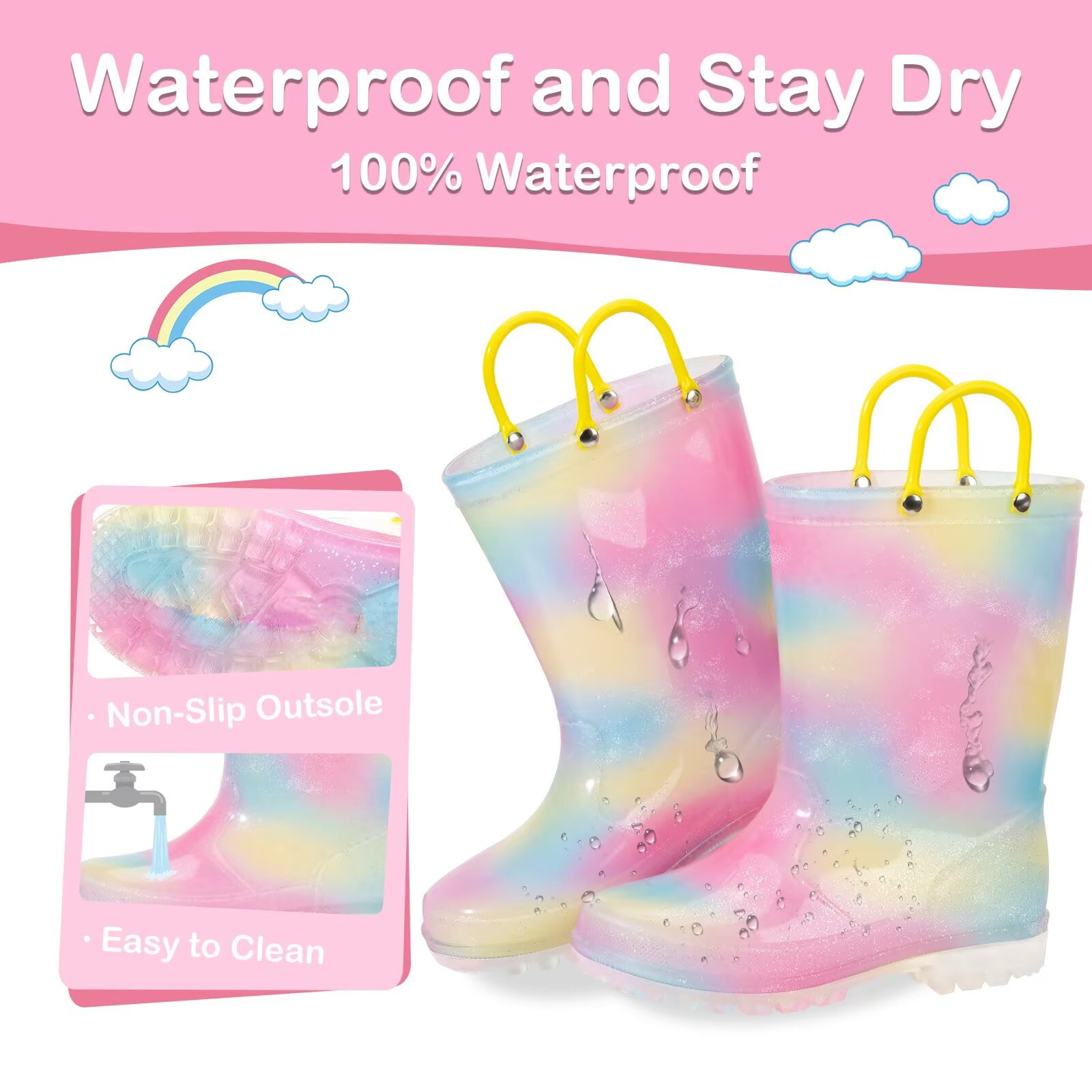 FUNCOO PLUS Toddler Kids Rain Boots Girls Light Up Waterproof Boots with Handles, Ombre, Big Kid Size 3