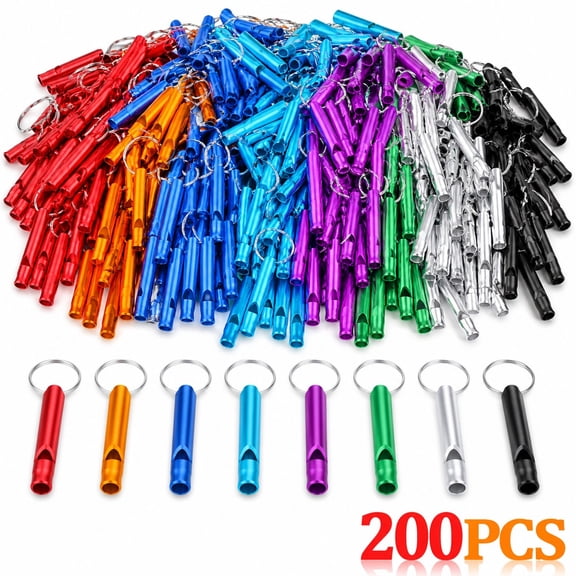 200Pcs Aluminum Alloy Emergency Whistles, Super Loud Waterproof Survival Safety Whistle with Keychain, Multi-color for Outdoor Sports, Hiking, Camping, Referee Training, Durable Cylindrical Design