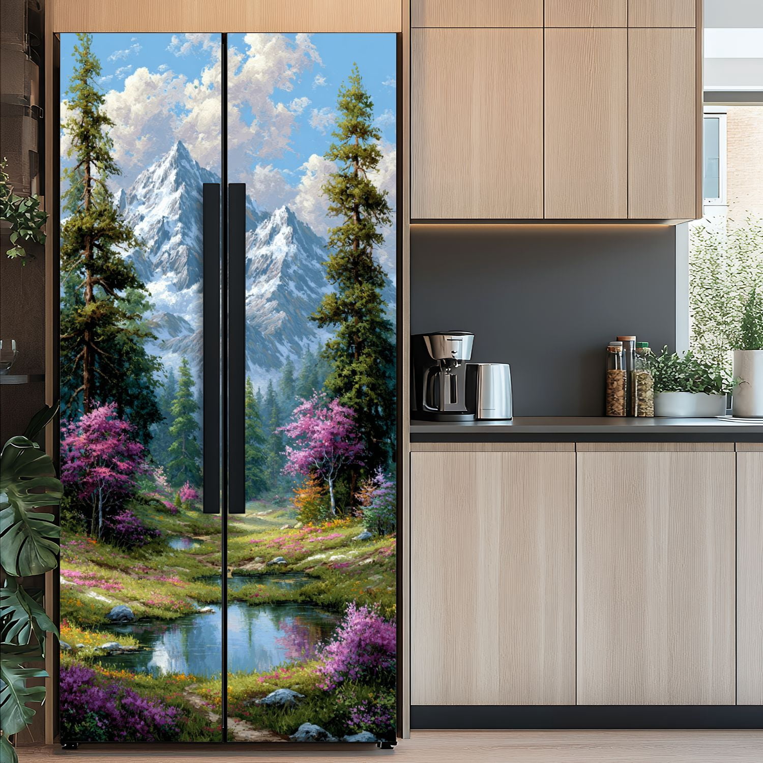 Self Adhesive Vinyl Refrigerator Wrap Set Denali Fireweed Denali National Park Alaska Door Mural Removable Fridge Sticker Peel and Stick&nbsp;Full Door Cover Decal Kitchen Bar Decor