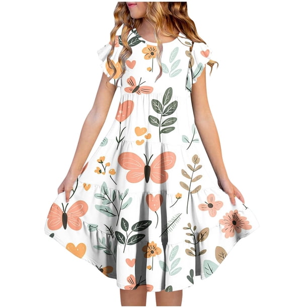 Vestido de verano para niña, de manga corta, con cuello redondo y estampado floral, de poliéster, con bolsillos y volantes.