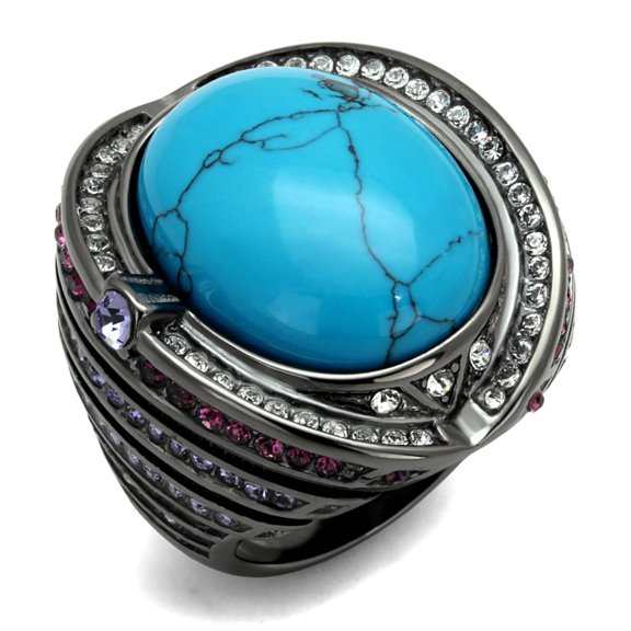 Luxe Jewelry Designs Women's Light Black IP Stainless Steel Ring with Sea Blue Synthetic Stone -