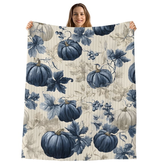 Blue Pumpkins Fall Throw Blanket, Flannel Fleece Blanket with Striped Design for Couch, Vintage Botanical Thanksgiving Soft Breathable All Season Plush Blankets for Sofa Office Bed 50"x60"