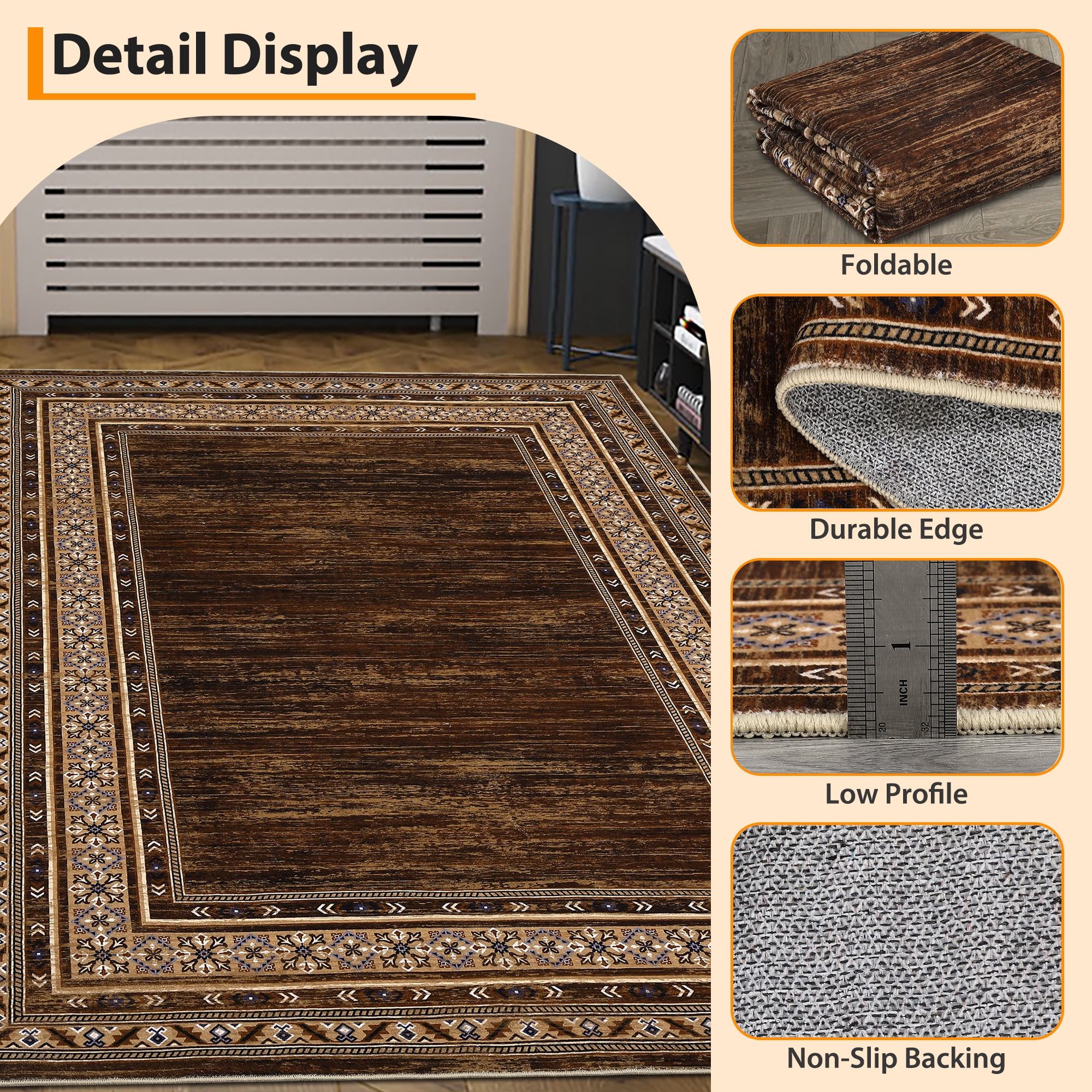 Brown Washable Area Rug 9' × 12' – Non Slip Low Pile Stain Resistant Hallway Rug for Bedroom, Living Room, Vintage Bordered Carpet for High-Traffic Areas