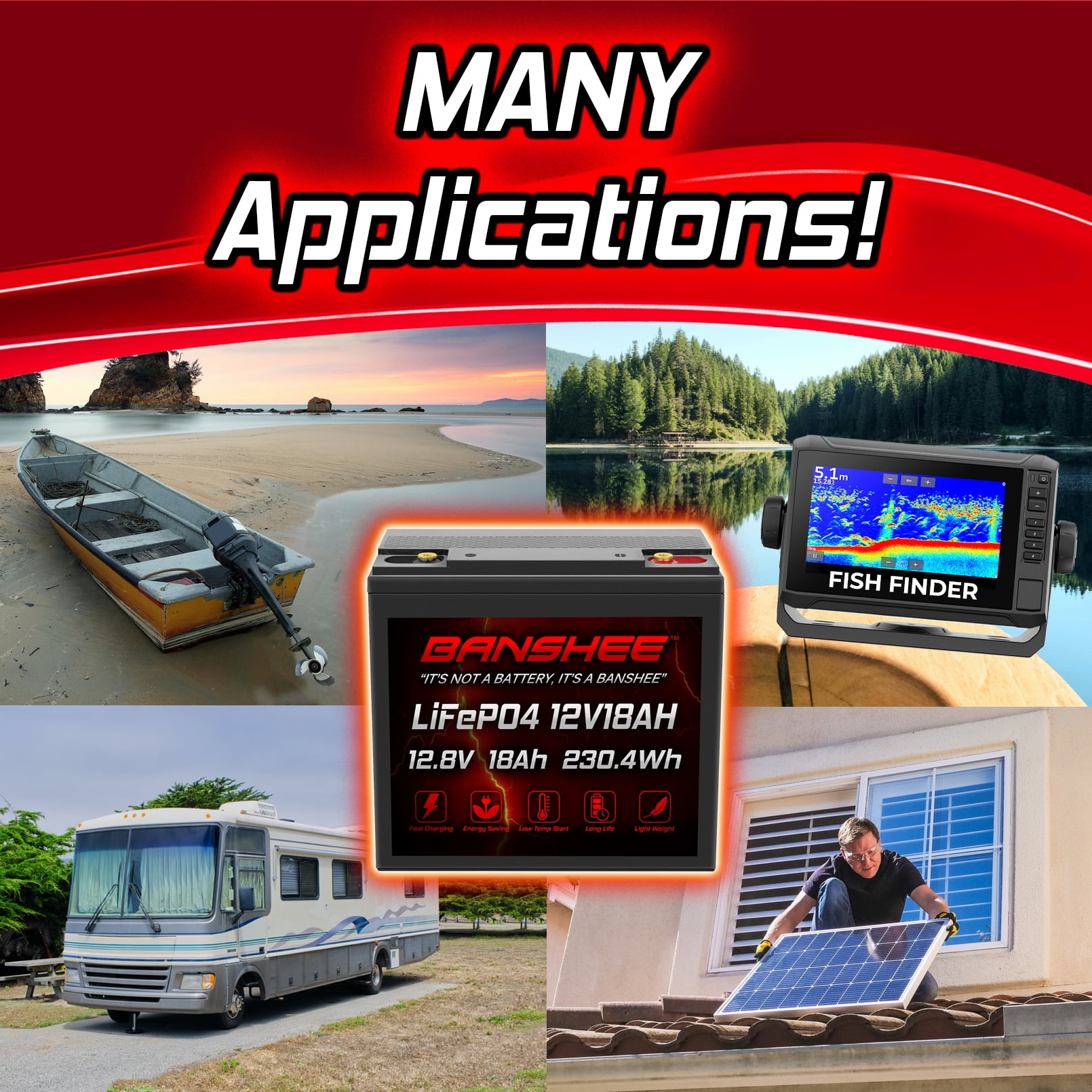 Banshee 12V 20Ah LiFePO4 Battery | Comparable to Bioenno BLF-1220A | Deep Cycle with BMS for Solar Storage, Outdoor, UPS Use