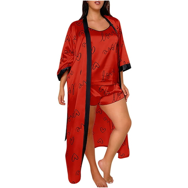 Timegard 3pc Plus Size Loungewear Outfits for Women Print Strap V Neck Tops Long Sleeve Open Front Robe Short Pants Sets