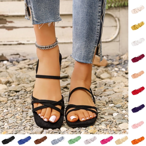 Xdegoge Womens Low-Heeled Sandals Open Toe Summer Dress Flat Slip On Slides Casual Fashion Breathable Shoes for Holiday Outdoor Occasions