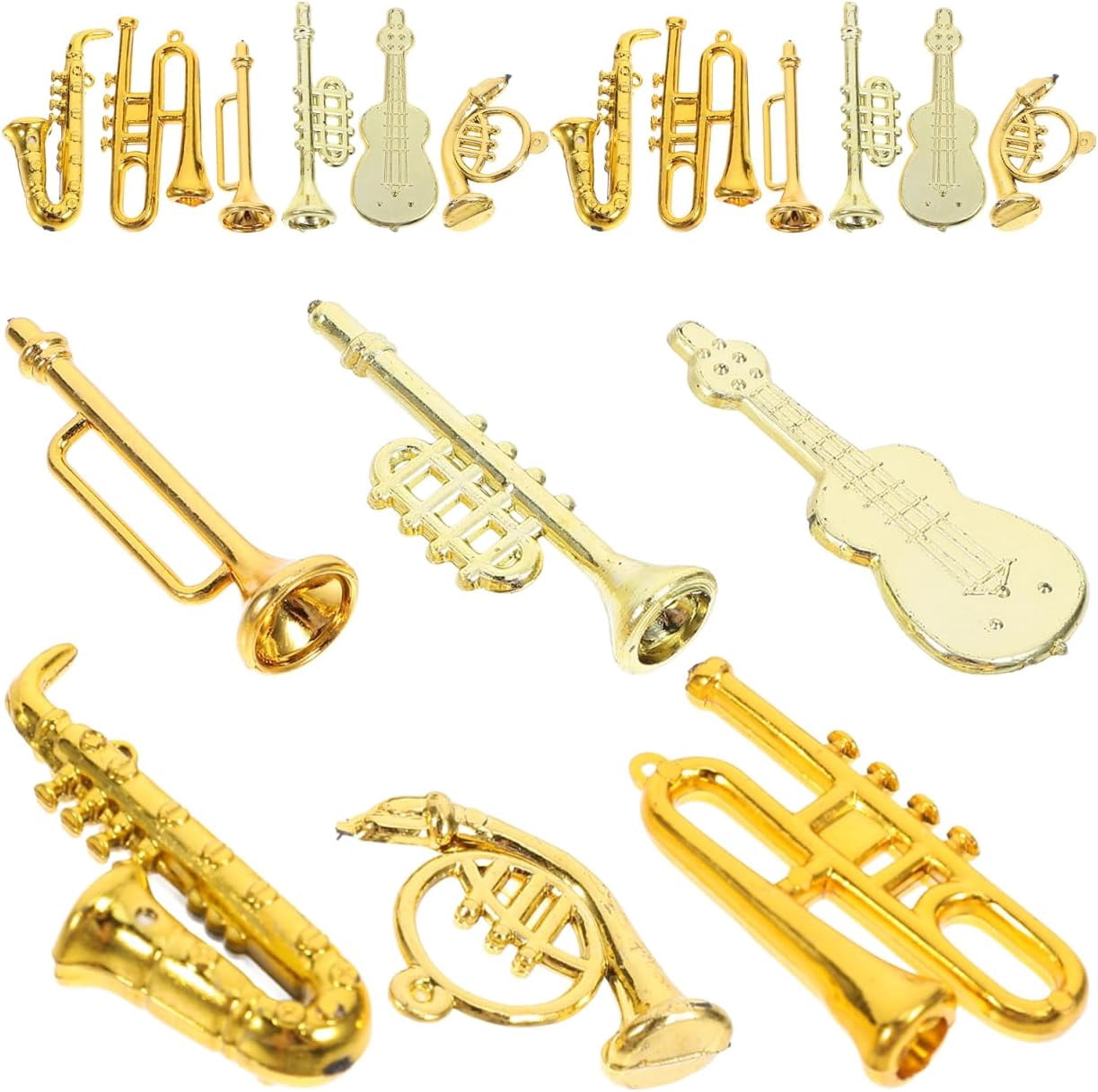 Gold Mini Musical Instruments Set, 24Pcs Miniature Christmas Musical Instrument Ornaments Dollhouse Guitar Trumpet Trombone Saxophone Decor for Xmas Tree Party DIY Crafts Favor,Gold