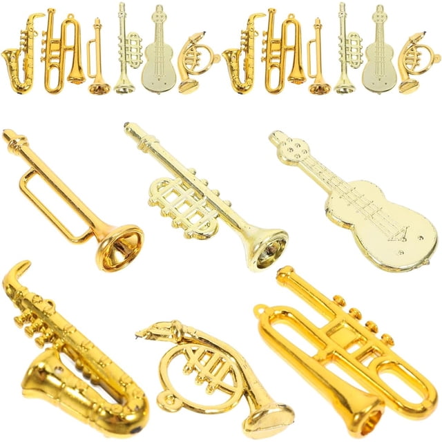 Gold Mini Musical Instruments Set, 24Pcs Miniature Christmas Musical Instrument Ornaments Dollhouse Guitar Trumpet Trombone Saxophone Decor for Xmas Tree Party DIY Crafts Favor,Gold