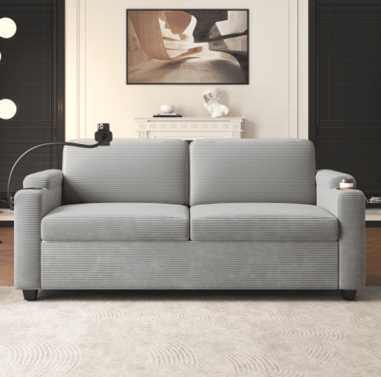 Euroco 72.8" Corduroy Sleeper Sofa Loveseat Sofa with Full Size Mattress, Two USB Ports, Two Cup Holders, Two Side Pockets and a Phone Holder for Living Room