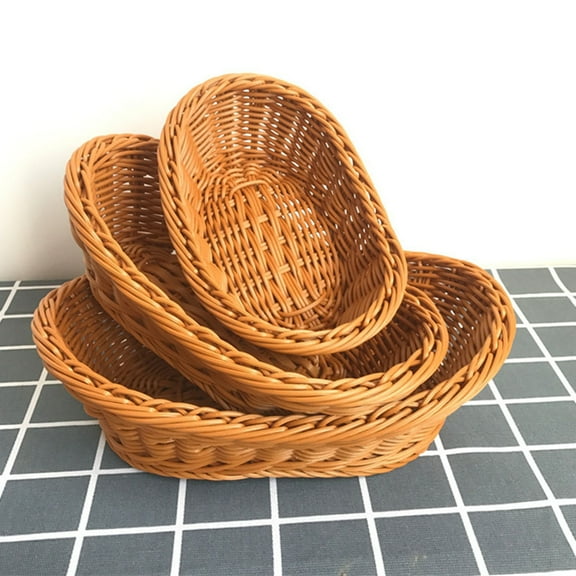 Yesbay Storage Basket Food Grade Quick Drainage Oval Safe Curved Artificial Rattan Braided Food Basket Household Supplies
