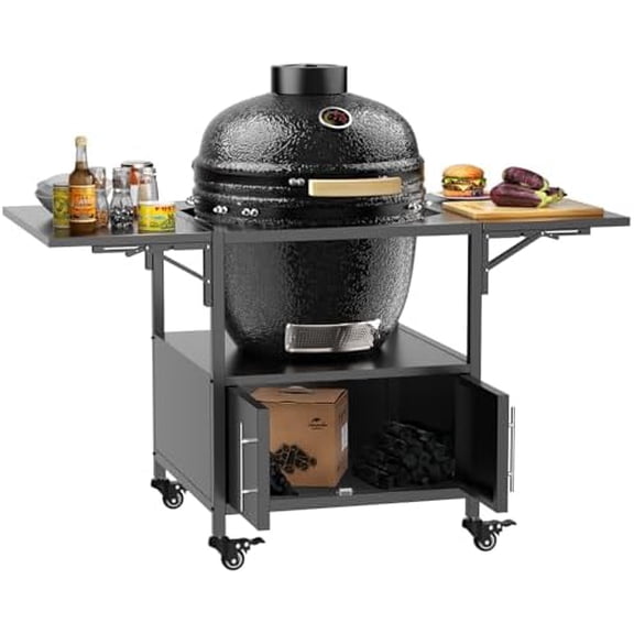 Outdoor Grill Table for Big Green Egg Style BBQ, Metal Grill Cart with 2 Folding Panels, Compatible with up to Large Green Egg, Kamado Joe Jr