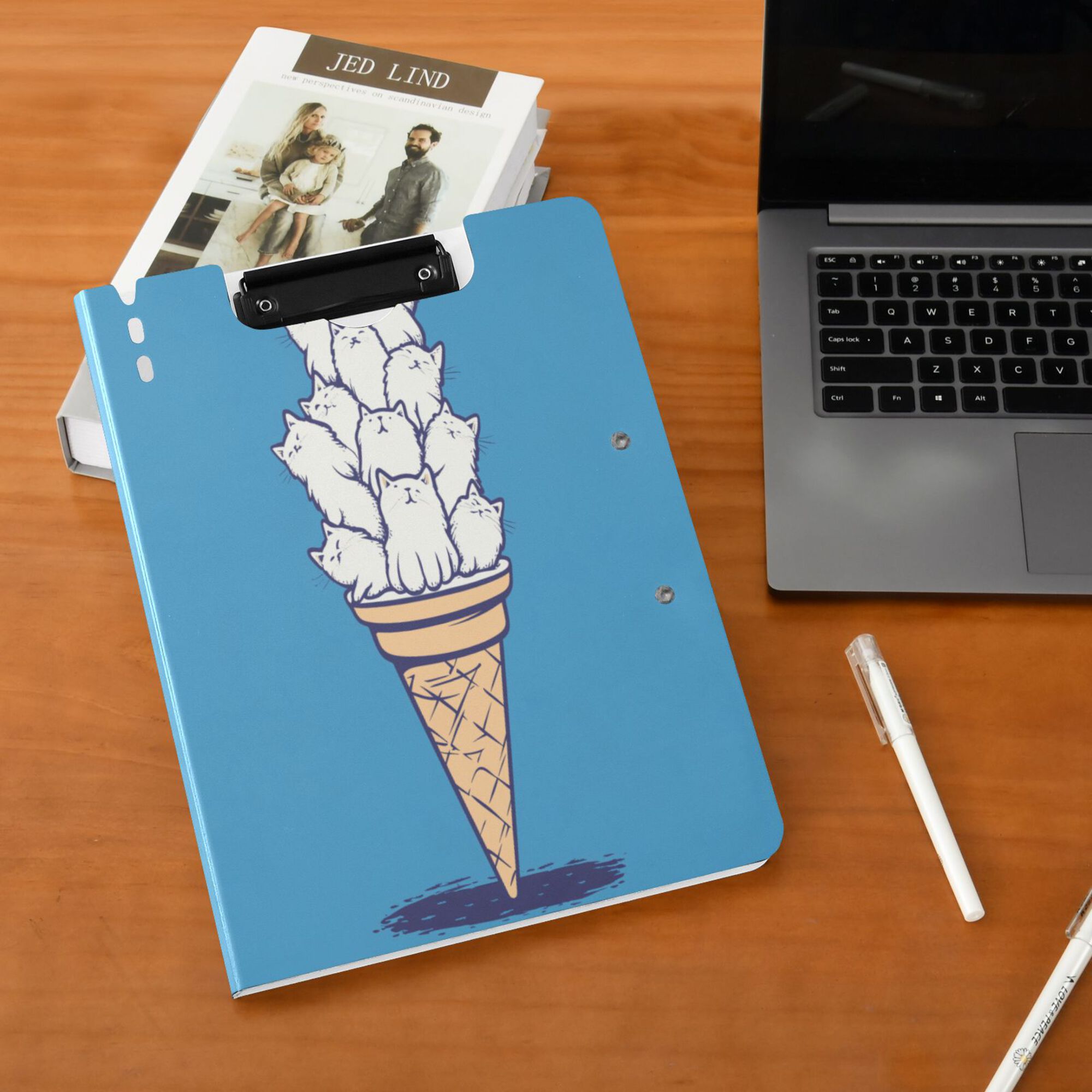 FORMRS A4 Clipboard Folder with Pen Holder Horizontal Foldable School Office Binder, Ice Cream Cat