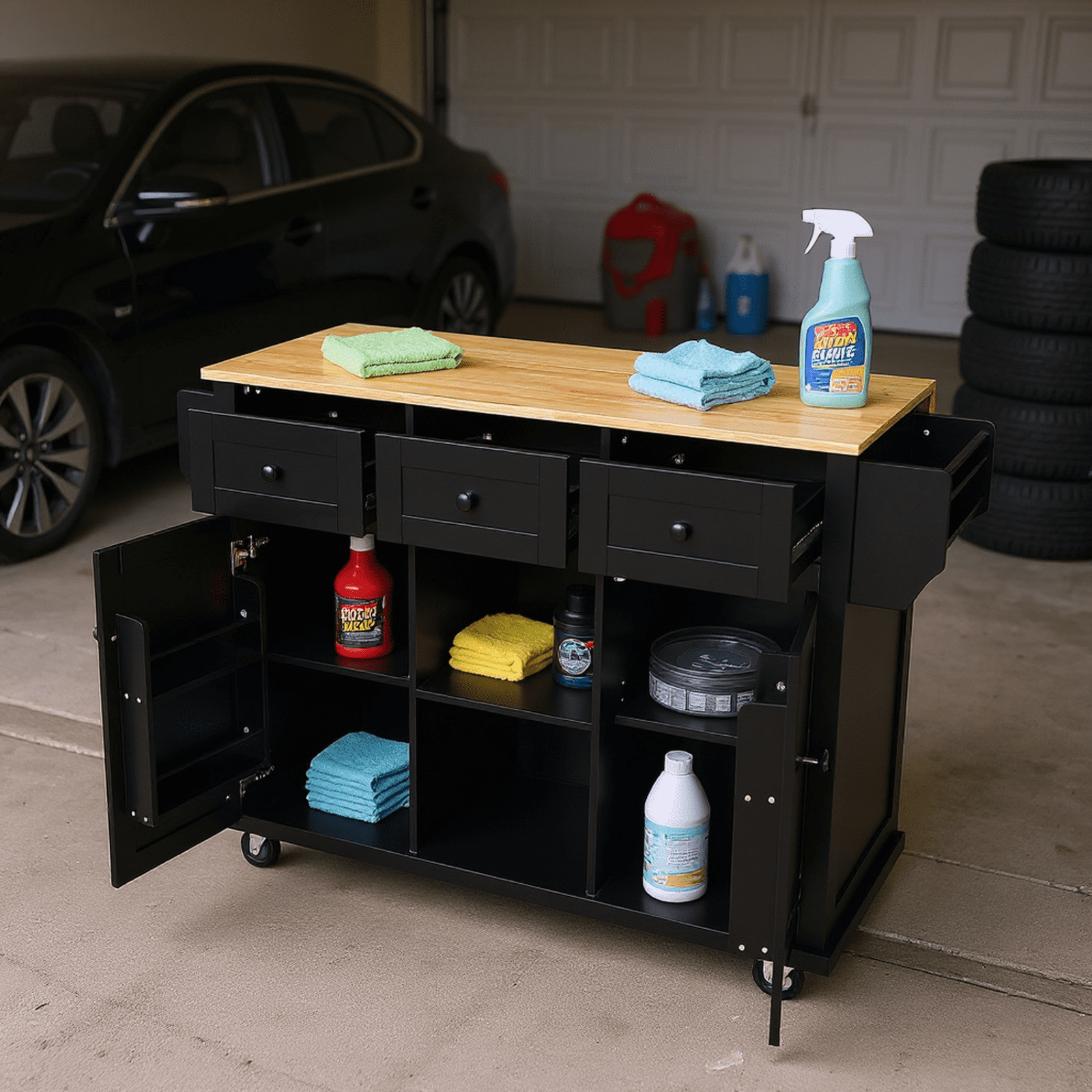 Homy Casa Rolling Garage Storage Cabinet with Drop-Leaf Worktop