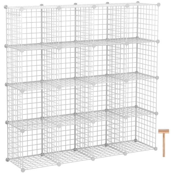 Metal Wire 16 Cube Shelves Organizer, Cube Bookcase With Storage Bins