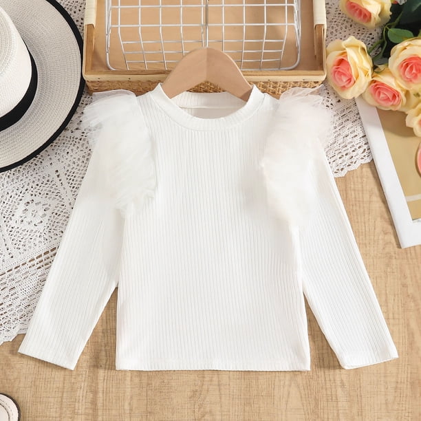 Cowsor Toddler Girl Shirts Ruffle Long Sleeve Baby Girl T-Shirts Kids Blouse, Ribbed Toddler Girl Tee Tops