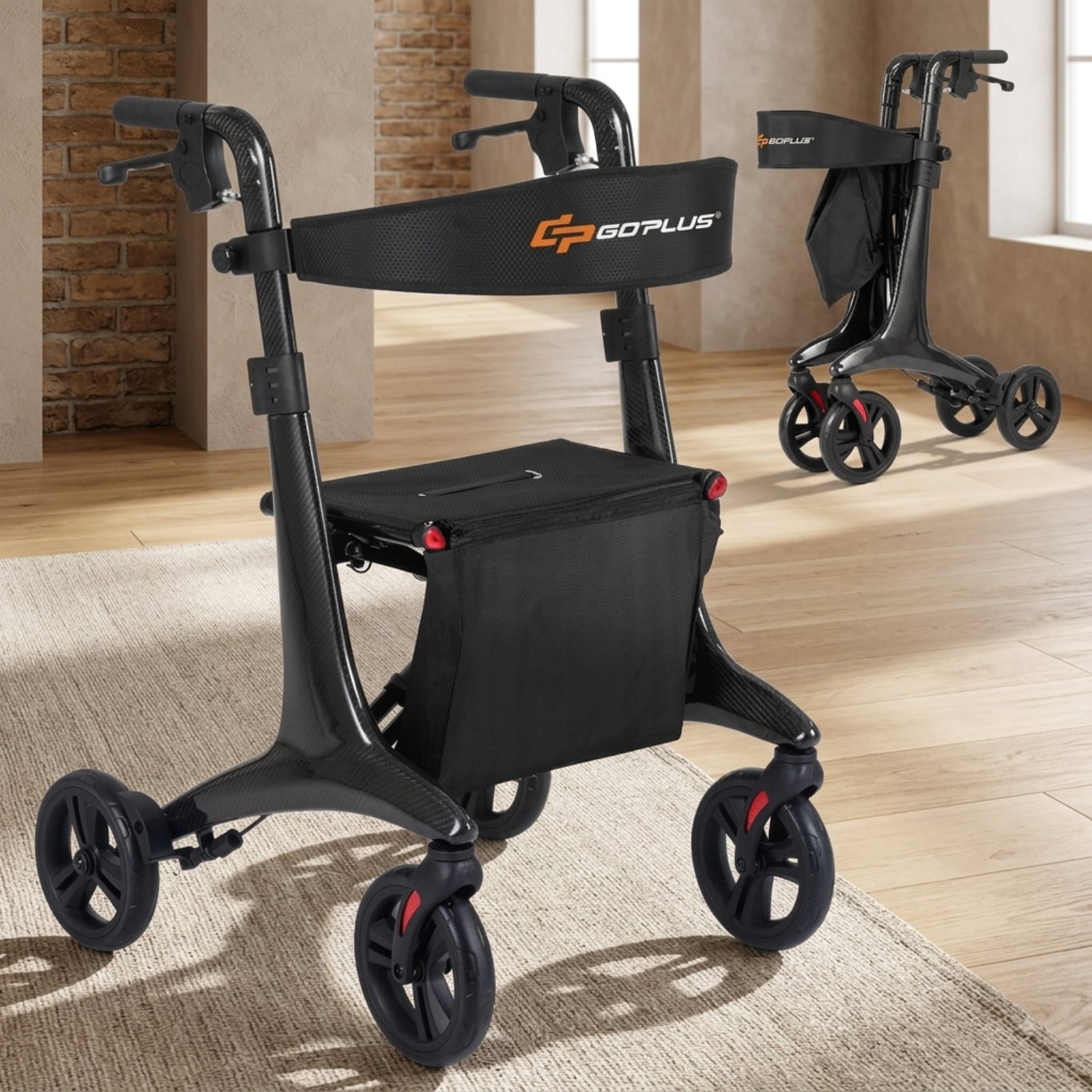Vebreda Ultralight Carbon Fiber Rollator Walker for Seniors with Padded Seat Backrest Universal Wheels and Storage Bag, Black