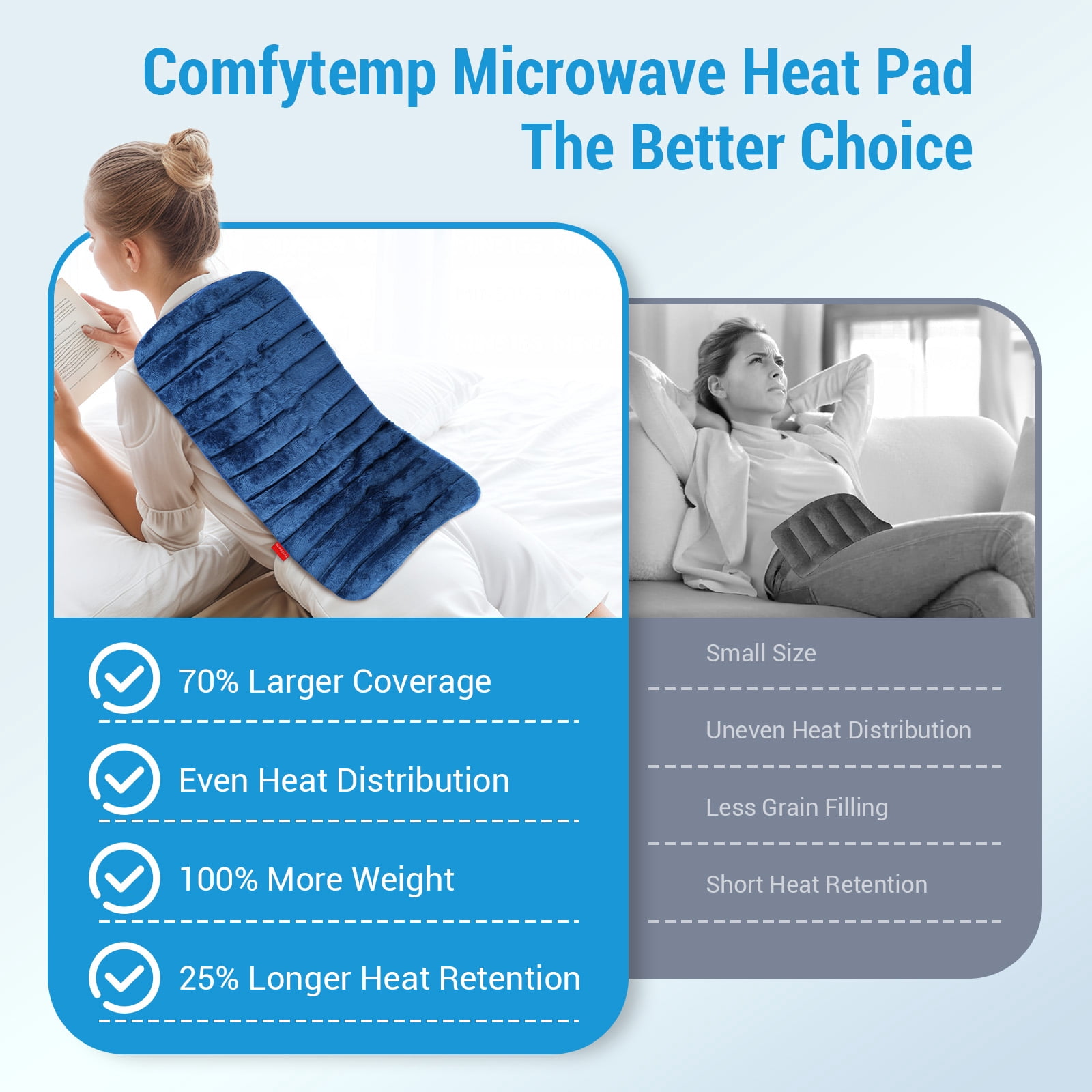 Comfytemp XL Weighted Microwave Heating Pad with Flaxseed, 12"x24" Warm Compress, Blue