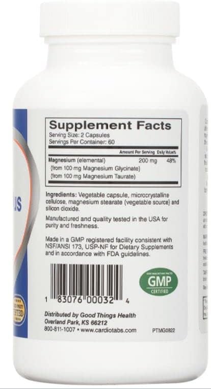 Cardiotabs Magnesium Plus – 200 mg of Magnesium Glycinate and Magnesium Taurate for Blood Pressure, Heart, Brain, Sleep & Mood Support – Highly Concentrated and Well