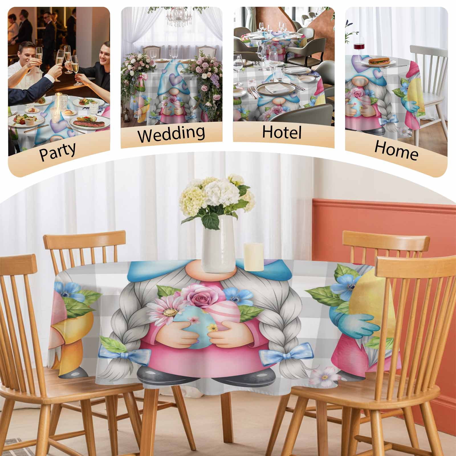 Round Tablecloth Spring Gnomes Easter Waterproof Oil Proof Polyester Table Cloth Cover Decor for Home Dining Outdoor,Patio,Parties, 54" Dia. Flowers Butterflies Grey Plaid