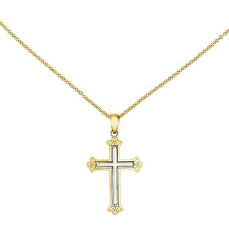 14kt Two-Tone White Cross in Budded Yellow Cross Frame Pendant