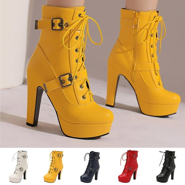 LOVZFMLL Bottes pour Femmes Mi-Mollet Bottes d'Hiver à Lacets Bout Rond Imperméables Talon Platform Haut Combat Automne Hiver Mode