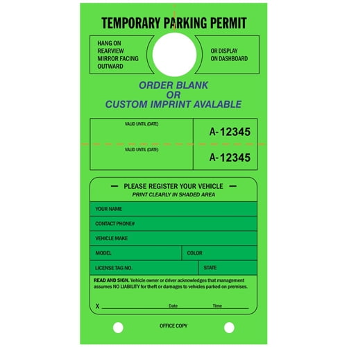 TEMPORARY PARKING PERMIT - Mirror Hang Tags, Numbered with Tear-off Stub,  7.75" X 4.25", Fluorescent Green - PACK OF 50 - Walmart.com