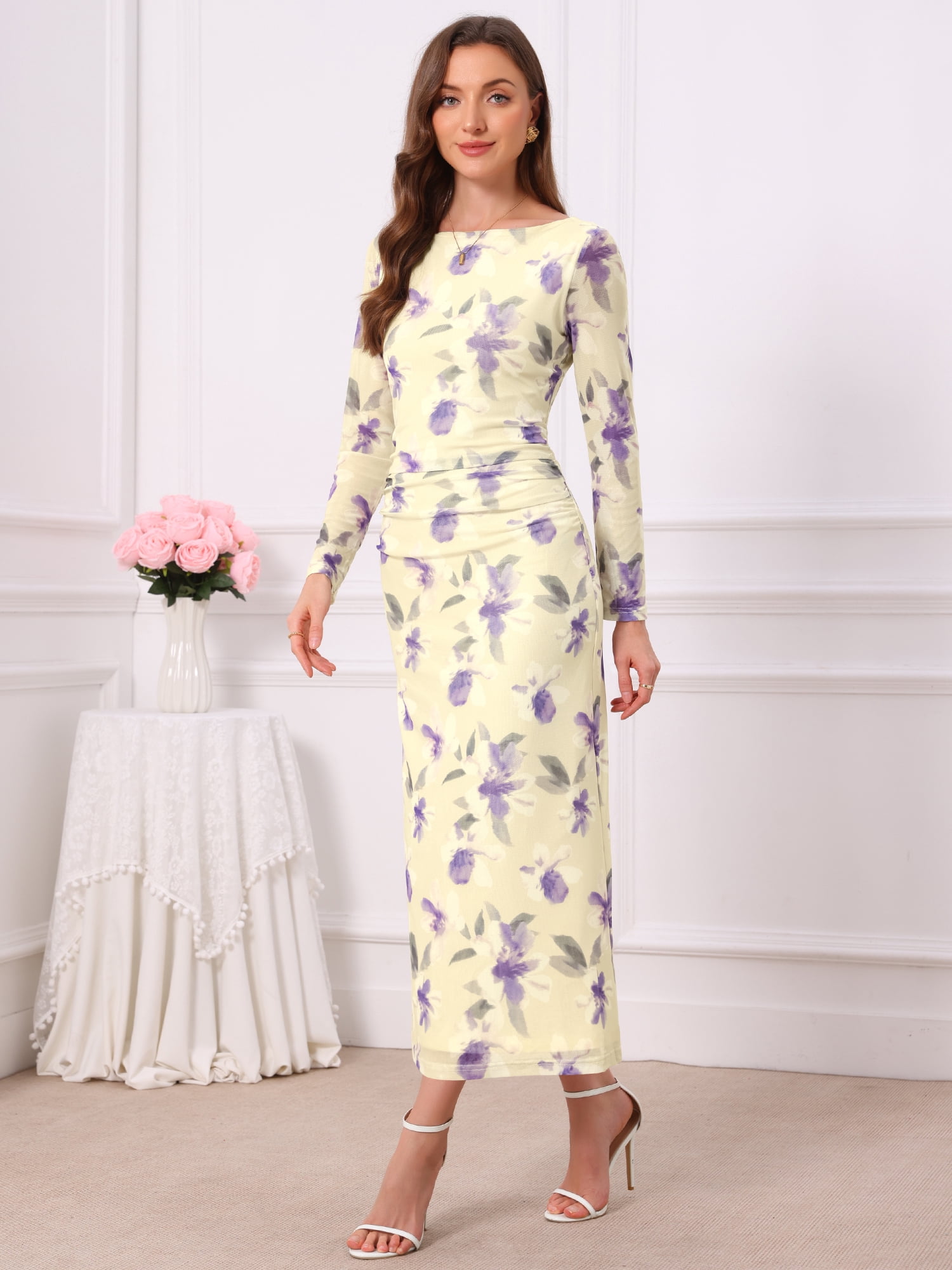 DARING DIVA Women's Floral Bodycon Long Sleeve Boat Neck Mesh Dress L Beige