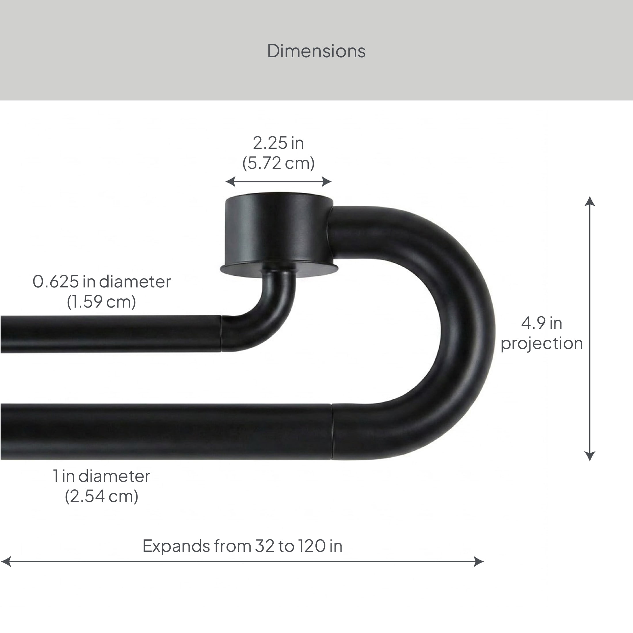Better Homes & Gardens 1 in Matte Black Swooping Adjustable Double Curtain Rod Set, 32-120 in