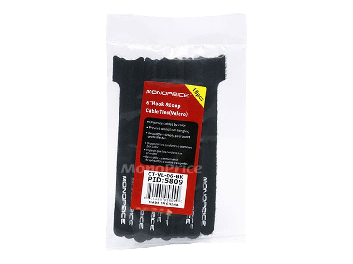 Monoprice - Cable tie with fastening hook - 6 in - black (pack of 10)