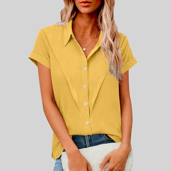 AUNVITO Women's Notched Collar Short Sleeve Shirt Button Front Wrinkle Resistant Casual Spring Summer Style
