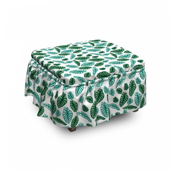 Philodendron Ottoman Cover, Rhythmic Alocasia Art, 2 Piece Slipcover Set with Ruffle Skirt for Square Round Cube Footstool Decorative Home Accent, Standard Size, Teal Mint Green, by Ambesonne