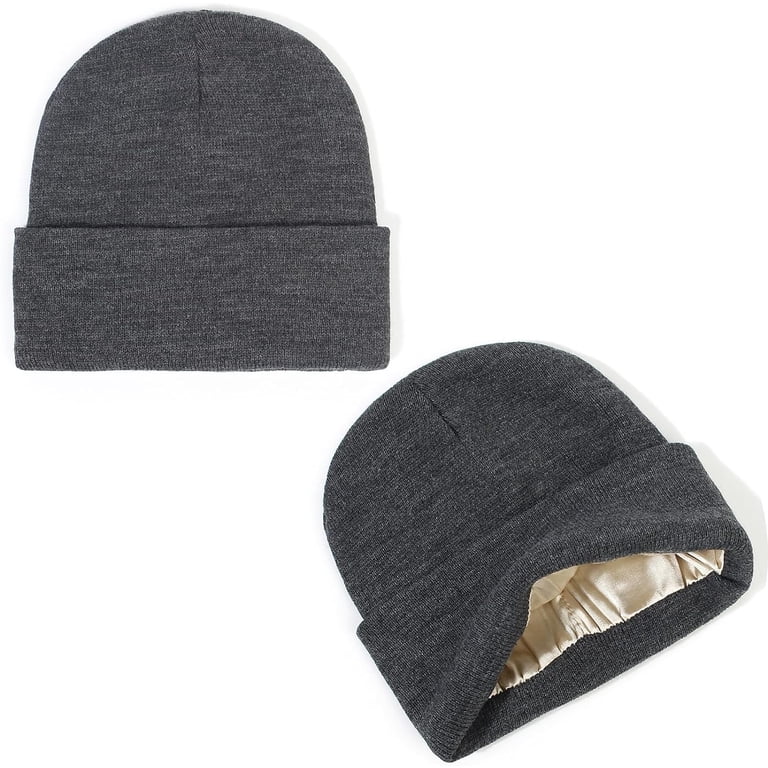 Satin Lined Winter Beanie Hat for Women Men Cotton Knitted Cuffed Skull Cap Unisex Satin Lined Winter Beanie for Women Men Silky Lining  main image 2
