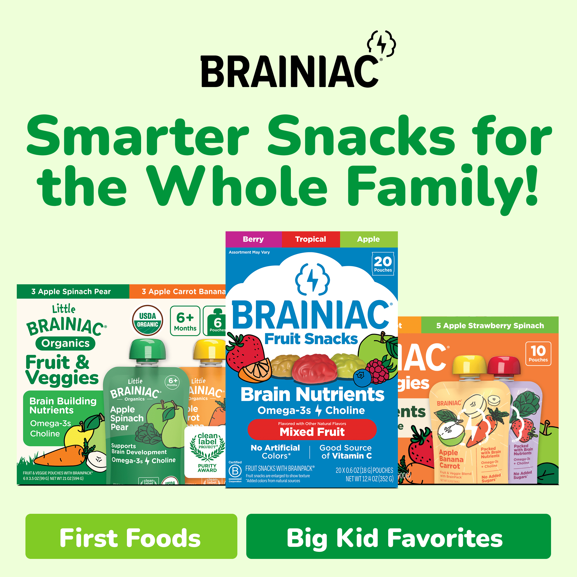 Little Brainiac Organic Fruit & Veggie Baby Food Pouch with Omega-3s, Apple Spinach Pear, 3.5oz, 6ct
