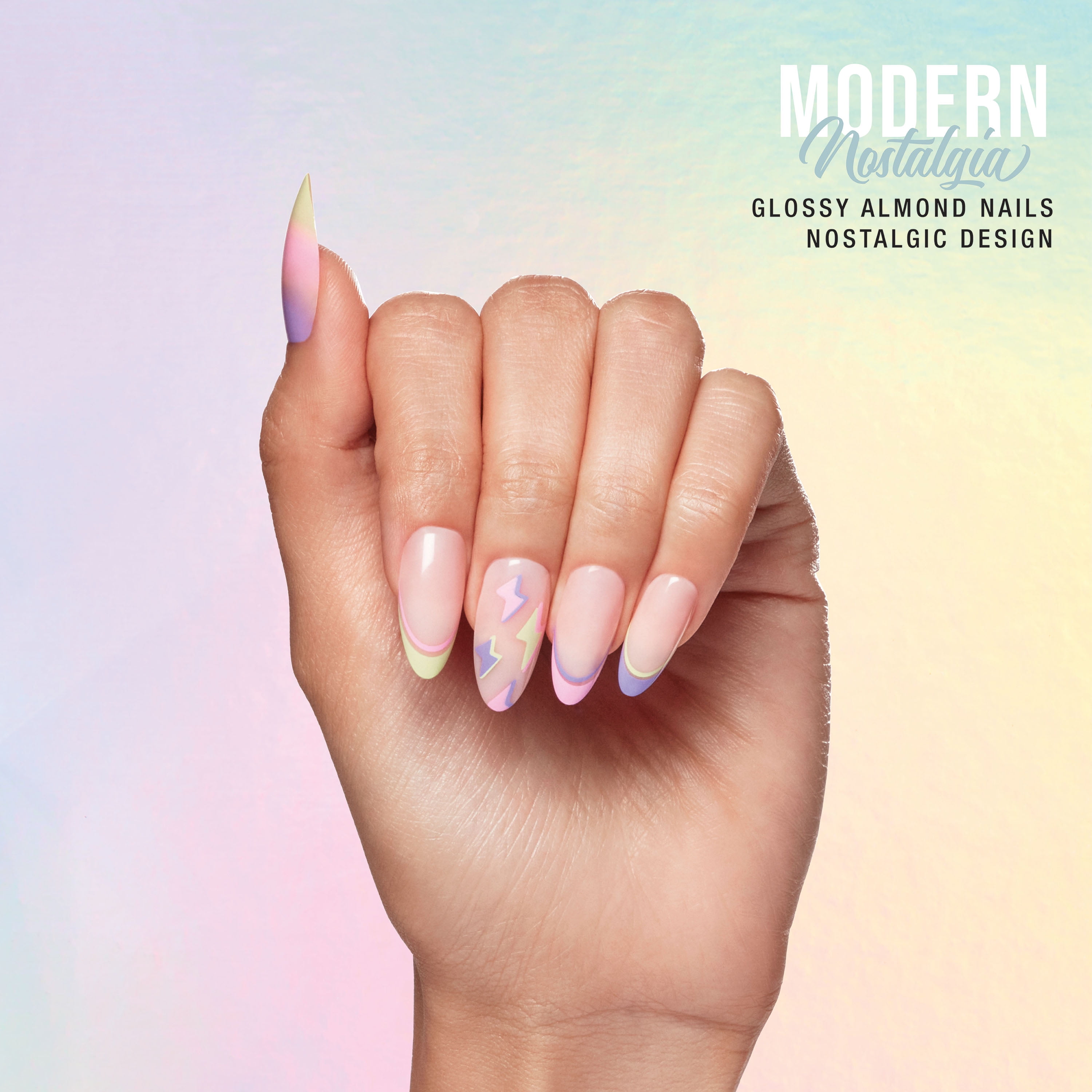 Salon Perfect Artificial Press on Nails, 211 Modern Nostalgia Neon Lightning, Medium Almond Glue On Fake Nails, File & Nail Glue Included, 30 Nails