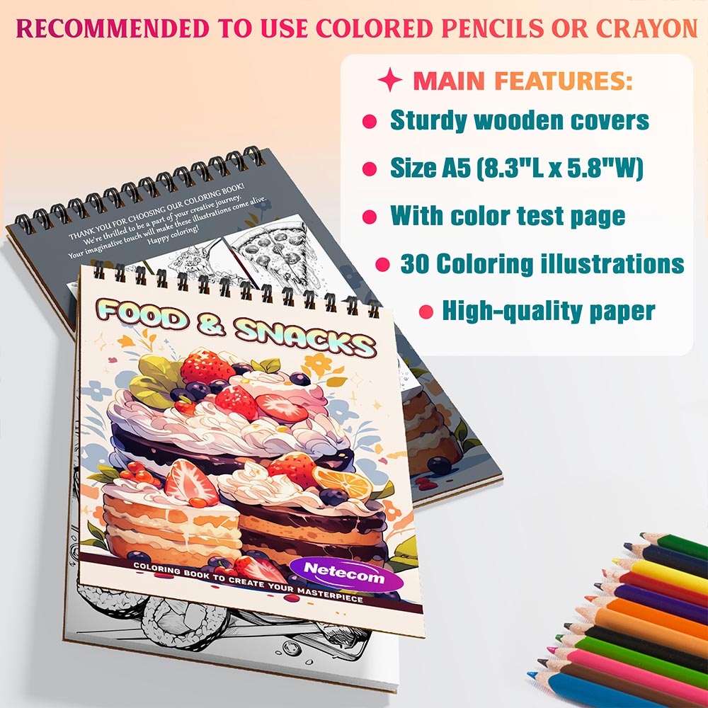 Netecom Food & Snacks Coloring Book Spiral Bound For Adults, A5 Wooden Cover, 30 Fun Coloring Pages of Comfort Foods for Stress Relief and Relaxation