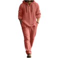 thumbnail image 5 of Men's 2 Piece Outfits Textured Button Long Sleeve Shirt Drawstring Waist Loose Pants Set Tracksuits Vacation Outfit Wine S, 5 of 6